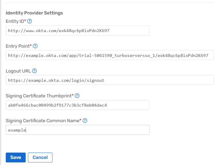 Okta 11 Turbo Server Authentication Method Fields